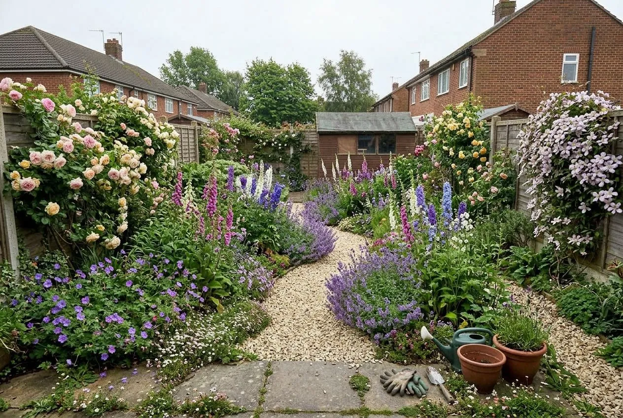 A back garden redesigned by AI in the English Cottage style
